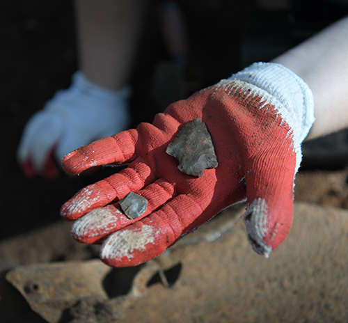 Hand with glove on holding arrowhead