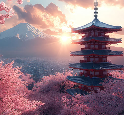 A serene pagoda amidst blooming cherry blossoms, with a majestic mountain in the background, reflecting Japanese cultural heritage.