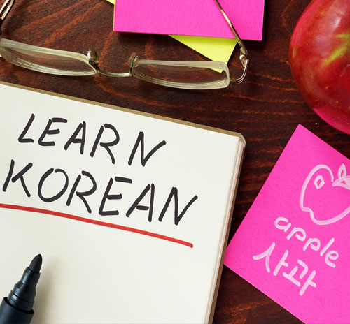 A study setup for learning Korean, featuring an open notebook with "LEARN KOREAN" written in bold letters, a black marker, and pink sticky notes with the word "apple" written in English and Korean (사과), along with a simple apple drawing. A pair of glasses and a red apple rest on a wooden desk.