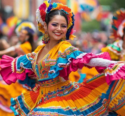 A woman in a bright dress performs a lively dance in the street, showcasing the richness of Latina cultural traditions.