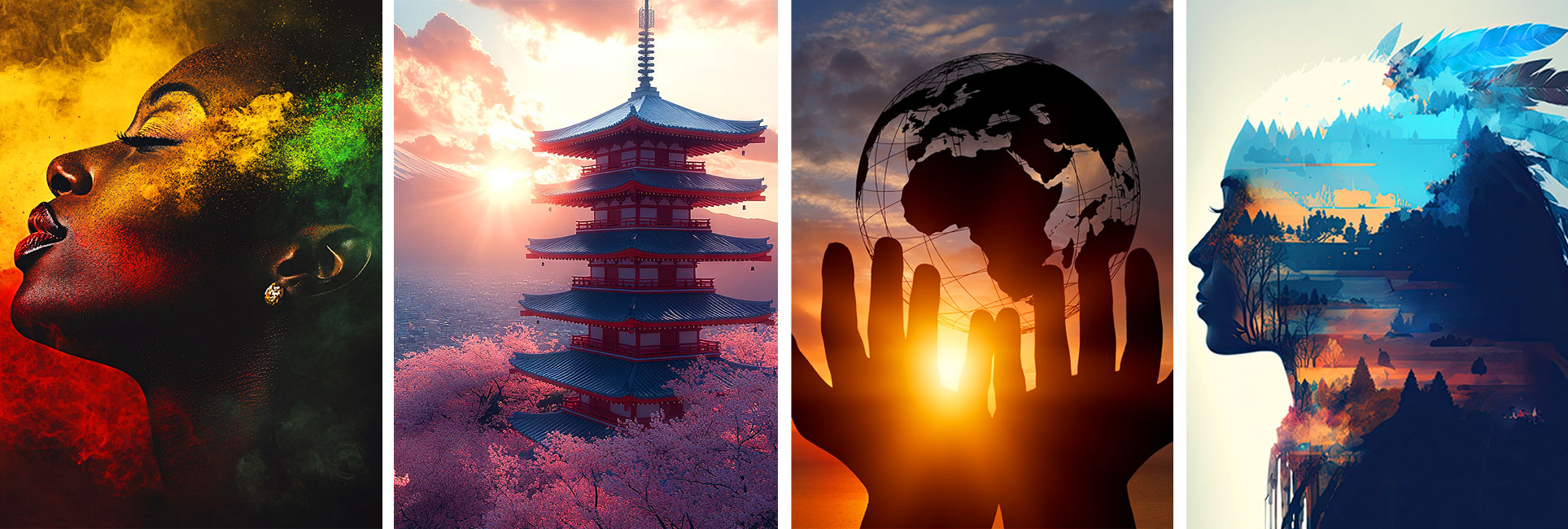 A collage of four artistic images representing diverse cultures and perspectives. The first image features a profile of a Black woman with vibrant red, yellow, and green powder exploding around her face. The second showcases a traditional Japanese pagoda with cherry blossoms and Mount Fuji in the background at sunset. The third depicts silhouetted hands holding up a transparent globe against a golden sunrise. The fourth portrays a stylized profile of a person with a double exposure effect of a forest landscape blending into their form, adorned with blue and white feather-like elements.
