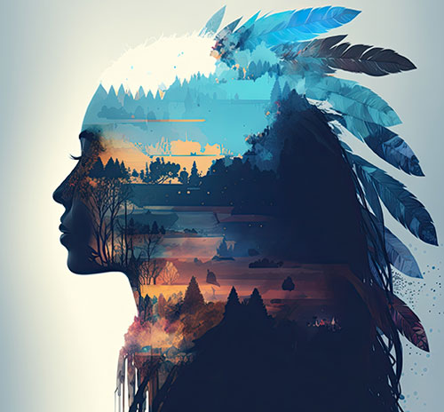 A woman adorned with feathers in her hair and a traditional headdress, representing Native American Indigenous culture.