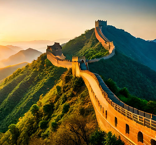The Great Wall of China illuminated by a vibrant sunset, showcasing its historic architecture against a colorful sky.