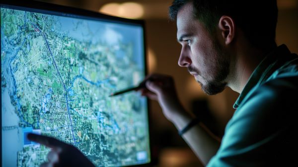 Man analyzing a digital map on a large screen