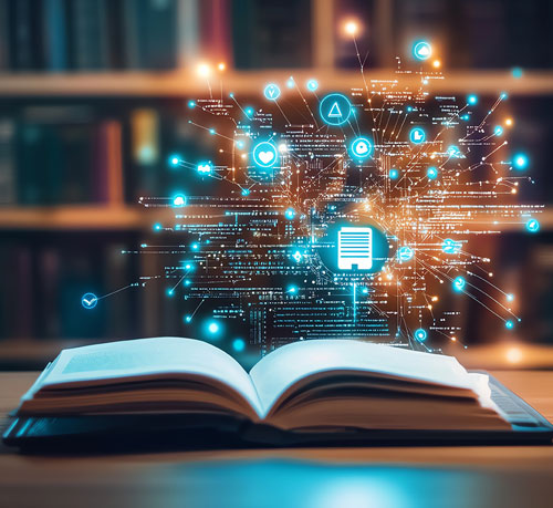 An open book displaying various digital icons, symbolizing the fusion of traditional reading and modern technology.