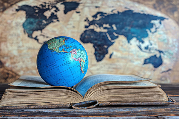 globe on open book with world map in background