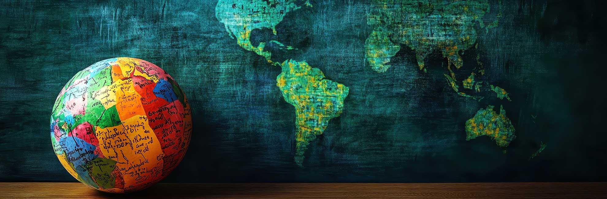 globe on desk in front of blackboard with world map