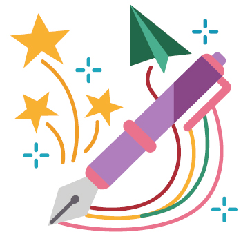 Pen with multicolor lines a paper airplane and stars