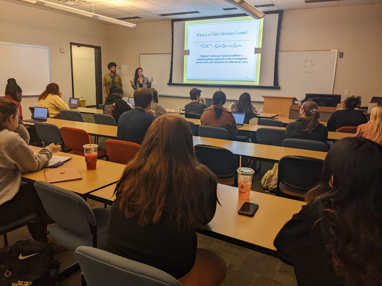 Victimology Class at KSU - The Georgia Center for Child Advocacy has supported Dr. Crowder's Victimology class for many years.  Recently, Ms. Monet Patrick and Ms. Jillian Reid presented a guest lecture in Dr. Crowder's class.