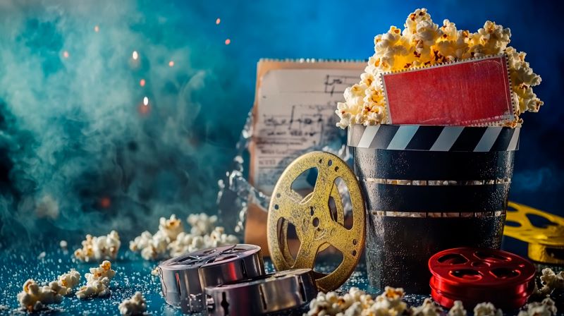 A movie set with popcorn and a red ticket.