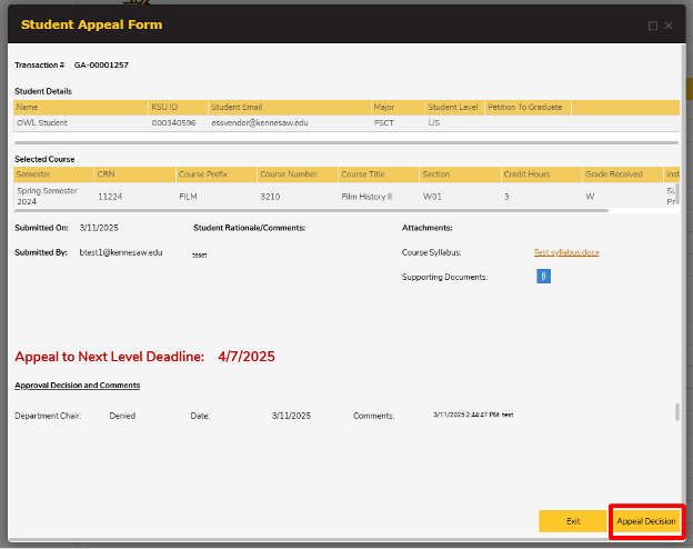student appeal form