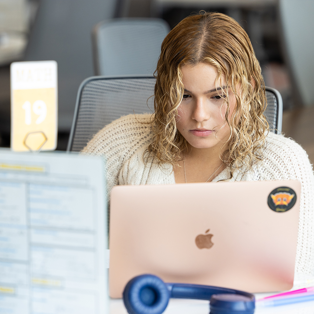 female student looking at computer studying