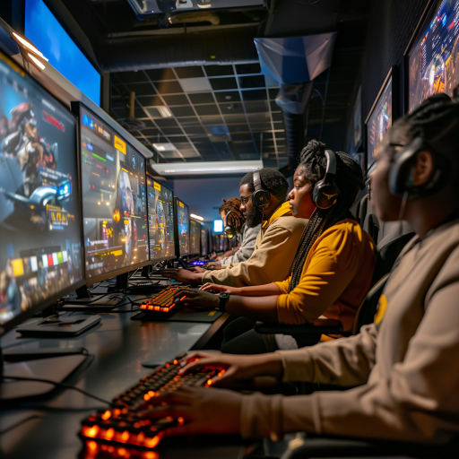 Three tudents at computers playing video games
