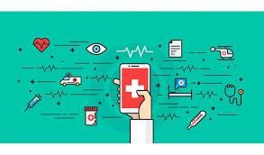 Cartoon graphic of a hand holding a phone with different medical and technology symbols