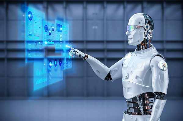 humanoid robot with hand on touchscreen