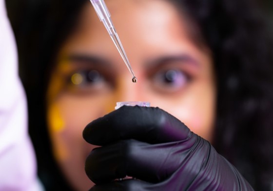 close up of researcher looking at lab sample