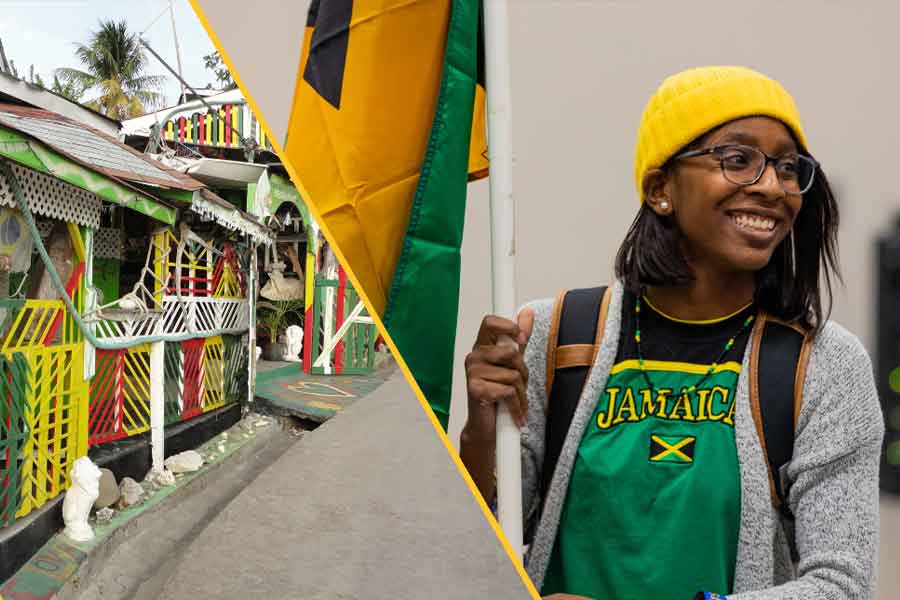KSU collage of jamaican buildings and student wearing a jamaican shirt with a flag.