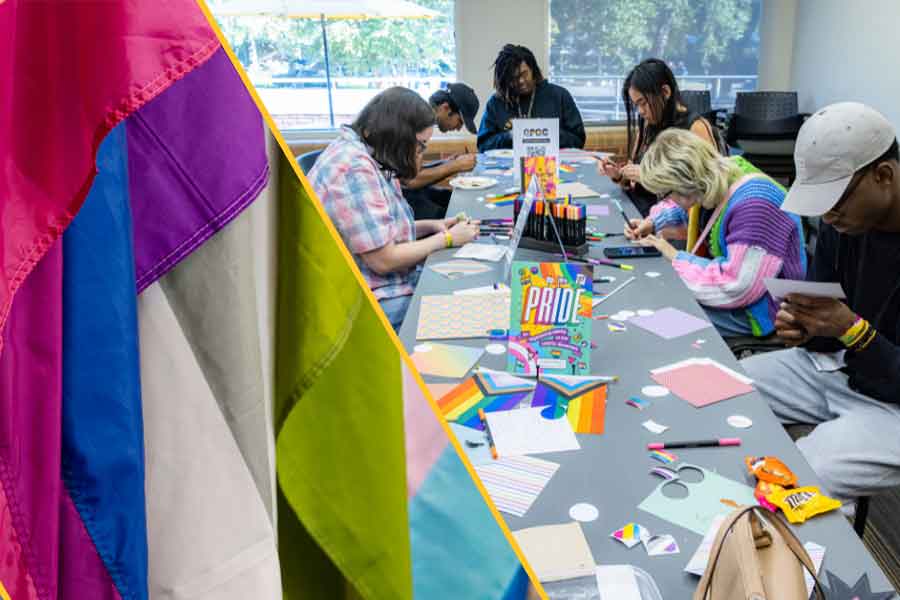 KSU collage of lgbtq flag, and group of lgbtq students working on a project