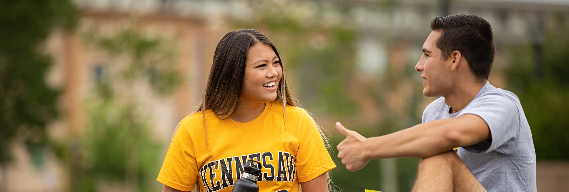 Students talking on the campus green.