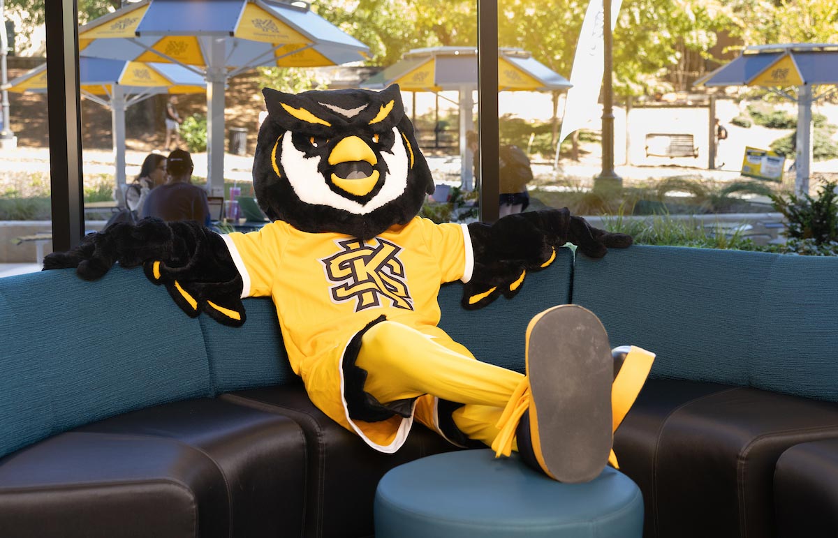 Scrappy relaxing in student center.