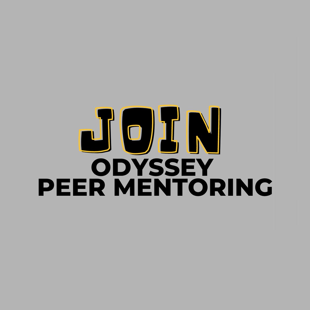 grey and yellow join Odyssey Peer Mentoring graphic