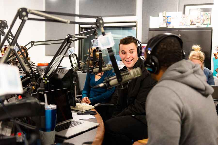 KSU students in the radio station room.