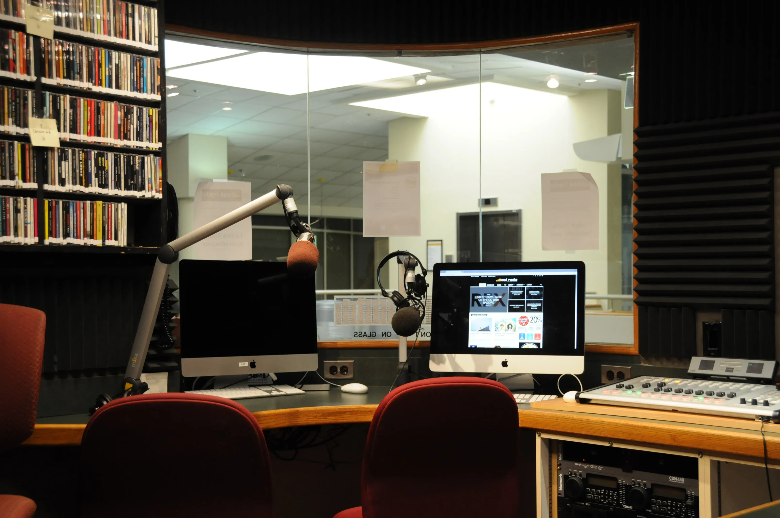 Inside view of KSU owl radio station sound room.