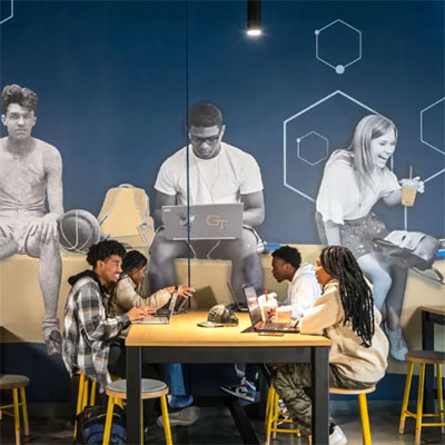 student center interior. students eating lunch.