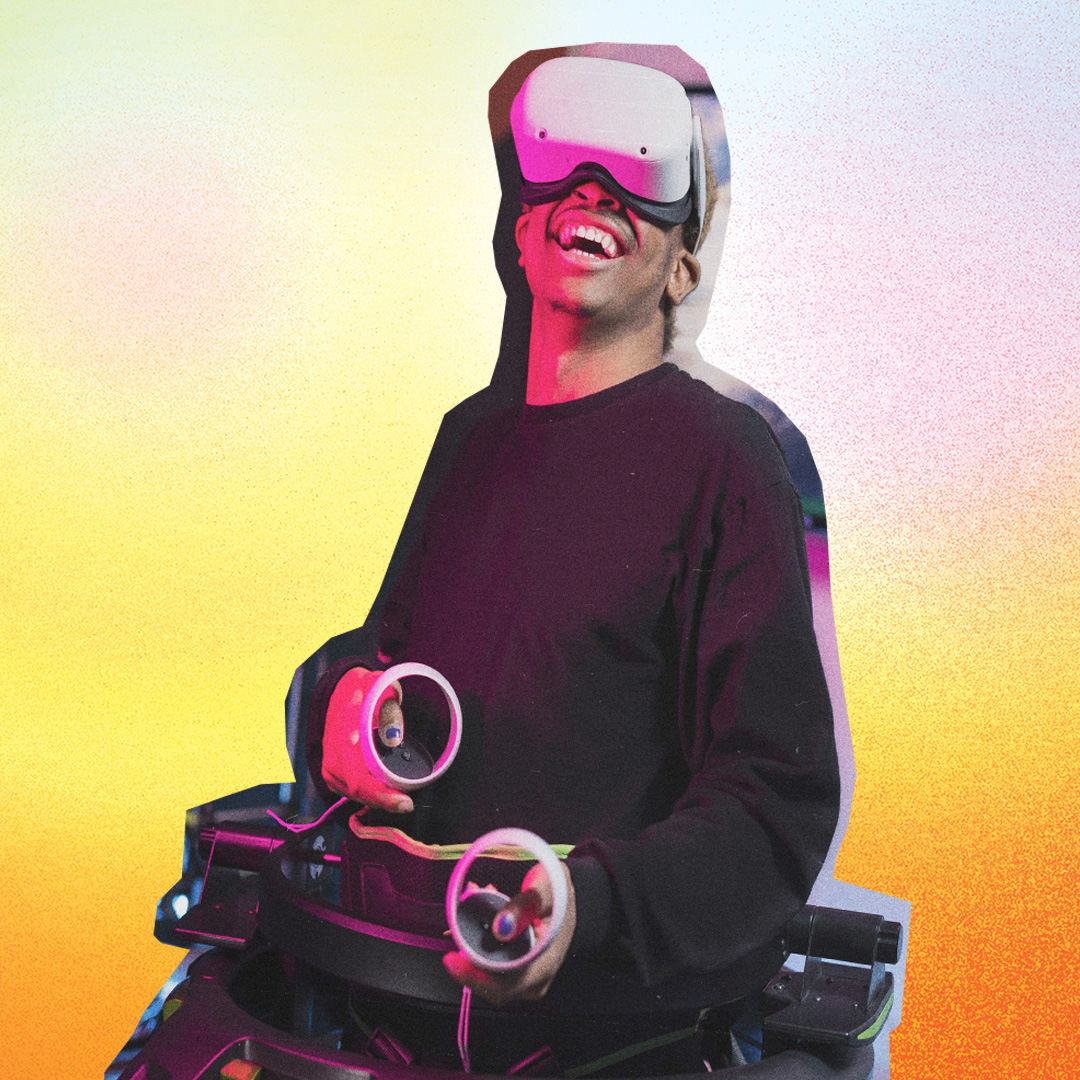ksu student gaming with virtual reality headset on a colorful background