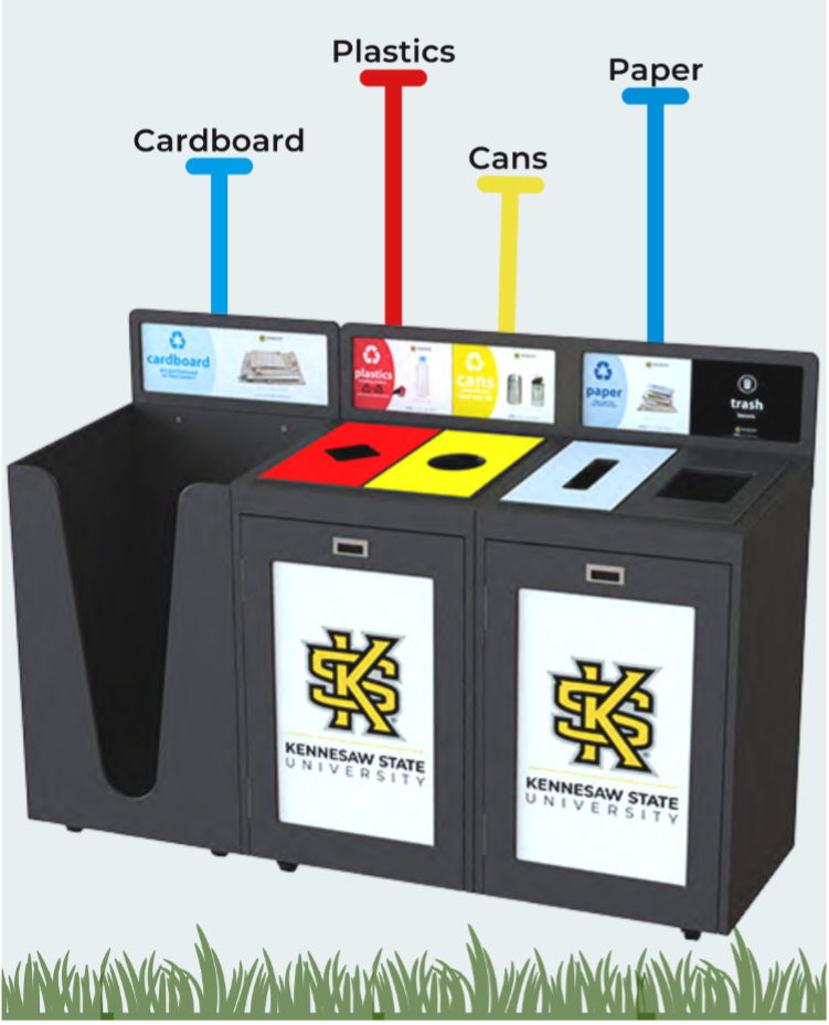 Recycle bins across campus brought to you by the Office of Sustainability now have compartments to recylce paper, cardboard, plastics, and metal cans.