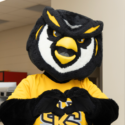 scrappy owl with hands making a heart