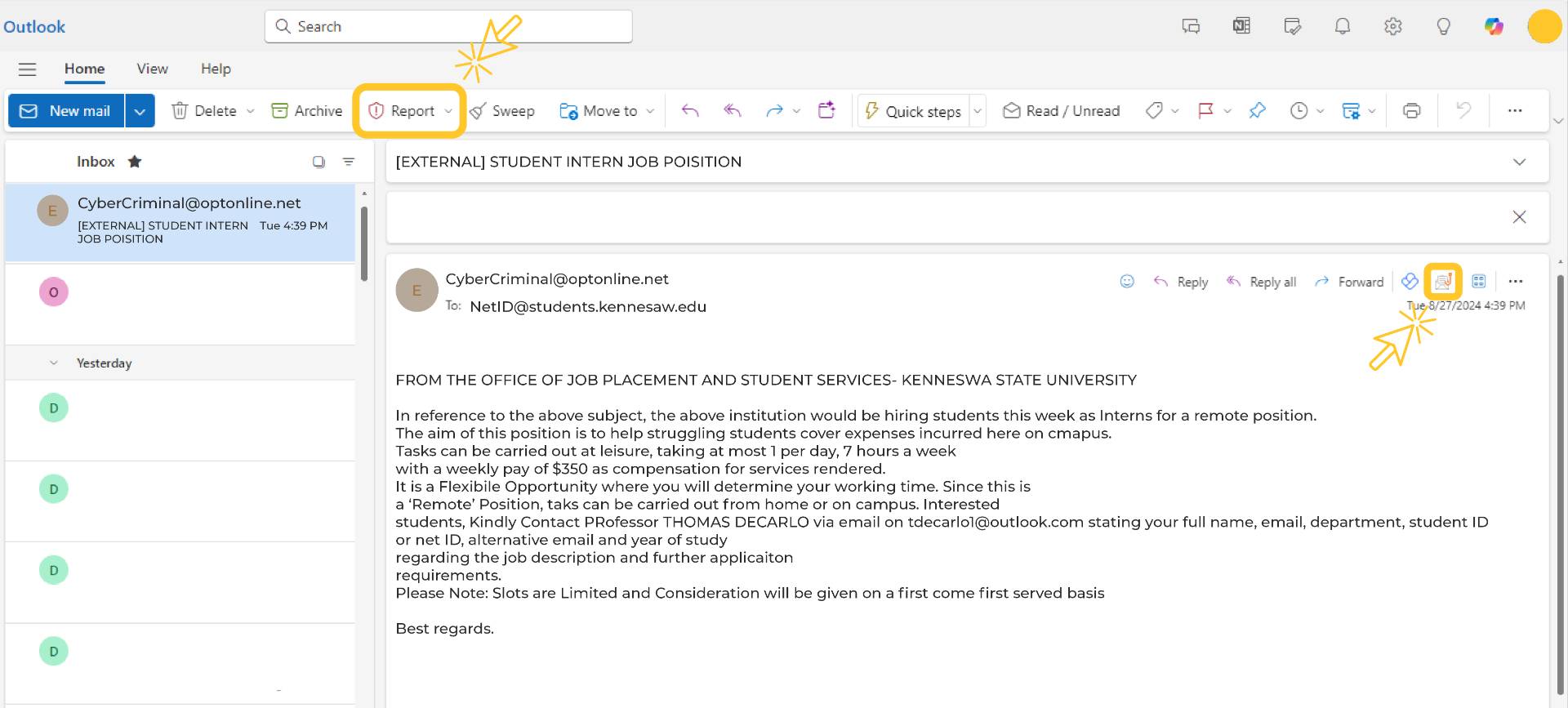 Web window of outlook email with arrows pointing to the reporting buttons for phishing emails