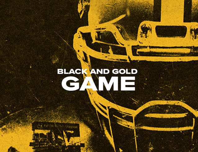 the words 'black and gold game' on a distressed black and gold football themed image