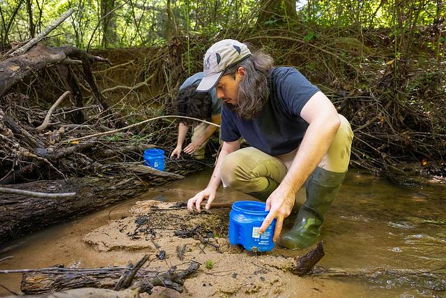 A bearded man in a cap kneels in a wooded creek, sifting sandy streambed sediment into blue buckets during a focused outdoor search.