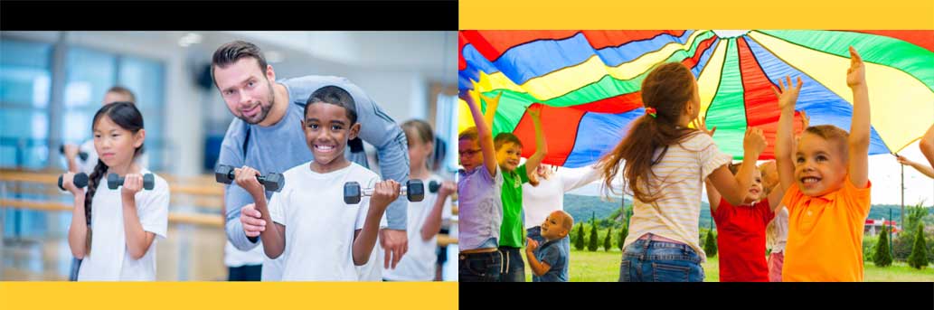 2 pictures colorfully combined showing physical education teacher with kids with tiny barbells.  Group of children dancing under a colorful parachute.