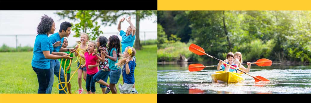 two photos: one of physical education teachers with children outside.  The picture on right of teacher in canoe with children paddling.