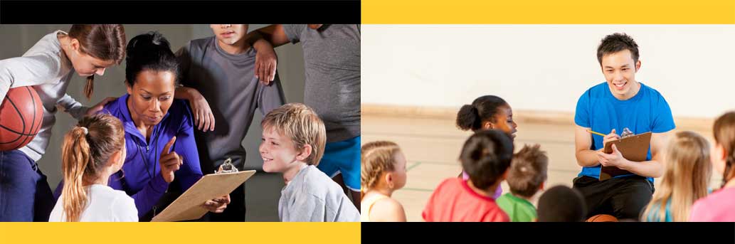 two separate pictures of physical education coaches with children