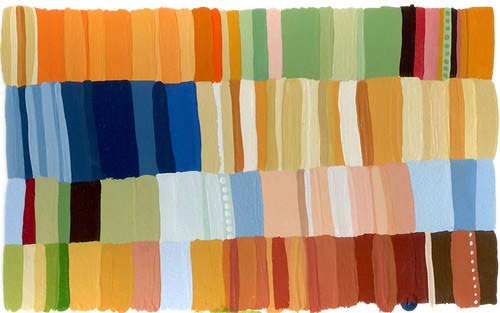 abstract pattern of rectangles in a variety of muted earth tones, ranging from oranges to greens, blues, and browns. Image is titled “color swatches” by Nancy Muller