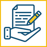 A hand holding a pen above a paper document icon, symbolizing writing or note-taking.