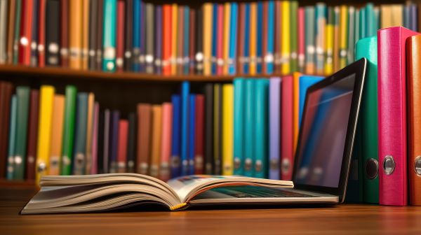 An open book and laptop near a bookshelf with colorful books.