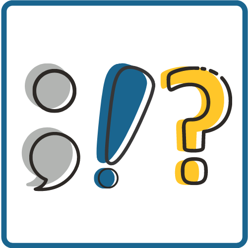 Colorful illustration of an exclamation mark, semicolon, and a question mark. 